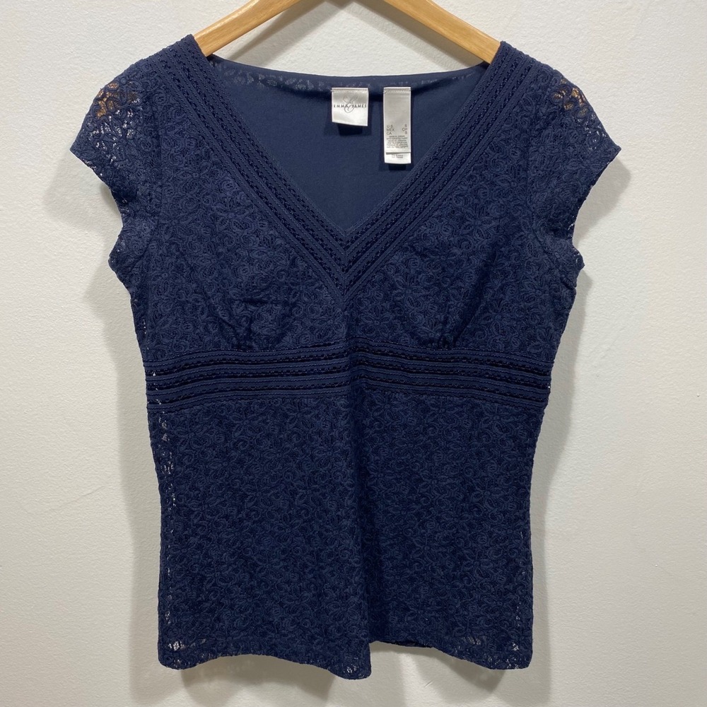 Emma James Navy Lace V Neck Cap Sleeve Top Womens Small